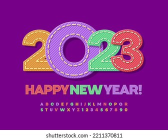 Vector denim Greeting Card Happy New Year 2023! Jeans colorful Font. Children Alphabet Letters and Numbers