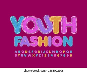 Vector Denim Logo Youth Fashion. Colorful Fabric Font. Jeans Bright Alphabet Letters And Numbers