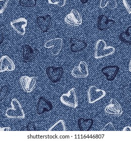 Vector Denim seamless pattern. Jeans background with hearts. Blue jeans cloth. Valentine's Day