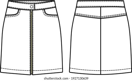 Vector denim skirt fashion drawing, woman mini skirt fashion CAD, template, sketch, flat