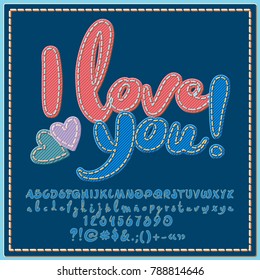 Vector denim style greeting card I love you with hearts. Set of jeans textured Alphabet Letters, Numbers and Punctuation Symbols