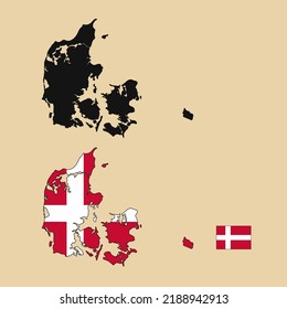 Mapa de esquema del país del vector de Dinamarca con bandera fijada en el fondo plano. La silueta del mapa del país se puede utilizar para plantillas, informes e infografías.