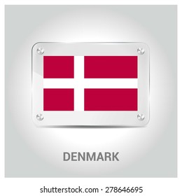 Vector Denmark Flag glass plate with metal holders - Country name label in bottom - Gray background vector illustration