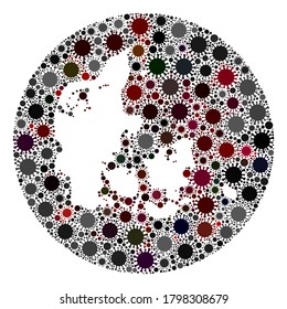 Collage de mapas de Dinamarca vectorial del virus covid-2019. La infección ataca el territorio de cuarentena desde el exterior. Collage de mapas de Dinamarca de círculo agudo formado con elementos de infección.