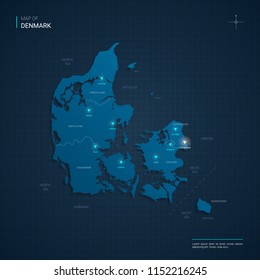 Vector Denmark map illustration with blue neon lightpoints - triangle on dark blue gradient background. Administrative divisions, cities, borders, capital. Neon tech background with glow. 