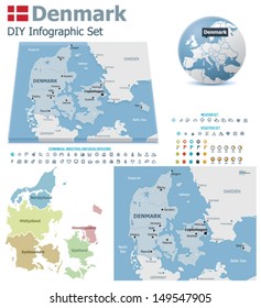 Vector Denmark political and administrative divisions maps, Denmark flag, Earth globe showing country location, map markers and related icon set