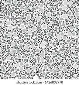 Vector dense texture of randomly arranged isolated gray circles of various sizes and shades