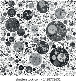 Vector dense texture of randomly arranged gray multilayer circles of various sizes and shades