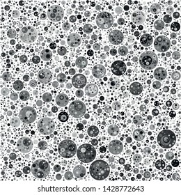 Vector dense texture of randomly arranged gray multilayer circles of various sizes and shades