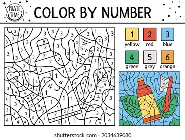 Vector dental care color by number activity with kawaii tooth brush and tooth paste. Mouth hygiene counting game with cute toothbrush, toothpaste, mint leaves. Funny coloring page for kids. 
