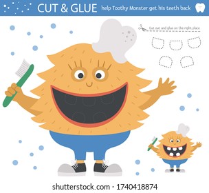 Vector dental care cut and glue activity for children. Tooth hygiene educational game with cute toothy creature. Help the monster get his teeth back