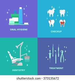 Vector dental care elements, icons. Dental chair, mouthwash, toothpaste, floss, dentist tools, dentist smile.