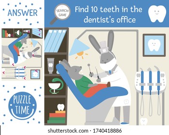 Vector dental care searching game for children with teeth lost in the clinic. Cute funny scene with dentist treating the patient. Find hidden objects. Mouth hygiene printable activity for kids