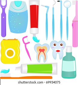 Vector of Dental care, smiling Tooth, Dentist’s equipment. A set of cute and colorful icon collection isolated on white background