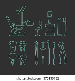 Vector dental care thin line icons. Dental chair, mouthwash, toothpaste,  dentist tools, dentist office.