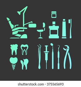 Vector dental care thin line icons. Dental chair, mouthwash, toothpaste,  dentist tools, dentist office.