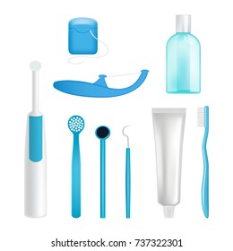 Vector dental cleaning tools set. Toothpaste, toothbrush, mouthwash, dental floss, scraper and toothpick. Oral care products, teeth cleaning kit realistic illustration.