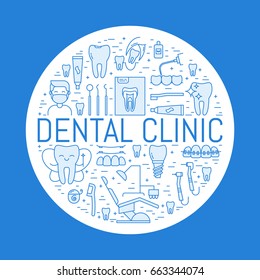 Vector Dental clinic banner with dentistry signs in trendy linear style. Health care background for web site or brochures