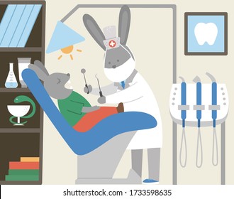 Vector dental clinic cabinet. Funny animal dentist doctor treating patient’s teeth in medical office. Dentistry interior flat illustration for kids. Tooth care concept