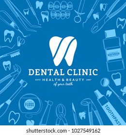Vector dental clinic logo template and dental instrument icons.
