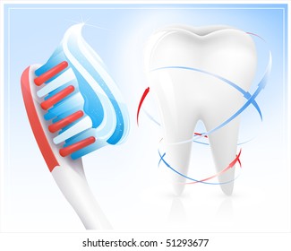 Vector. Dental concept. White tooth, toothbrush and toothpaste.