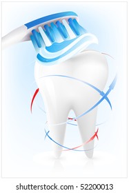 Vector. Dental concept. White tooth, toothbrush and toothpaste.