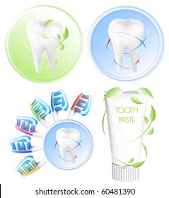 Vector. Dental concept. White tooth,  color toothbrush and toothpaste.