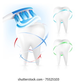 Vector. Dental concept. White tooth, toothbrush and toothpaste.