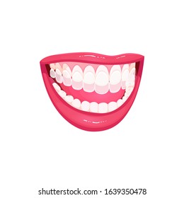 Vector dental Icon, girl smiling snow-white smile, teeth cleaning. Isolated female mouth, whitens teeth in the mouthpiece, cartoon style.