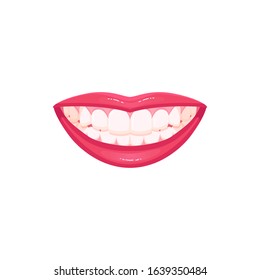 Vector dental Icon, girl smiling snow-white smile, teeth cleaning. Isolated female mouth with a wide smile in cartoon style.