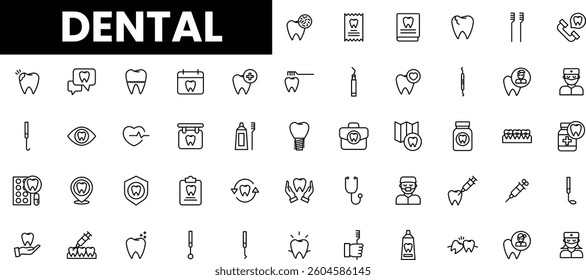 Vector dental icons representing care, hygiene, and treatment services.
