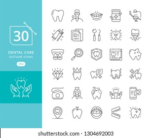 Vector dental medicine thin line icons. Modern thin line icons of dental care and dentist services. Dental care equipment, braces, tooth prosthesis, veneers, floss, caries treatment and more