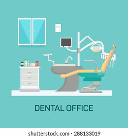 Vector Dental Office With Seat And Equipment Tools. Medical Arm-chair Illustration