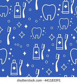 Vector dental seamless pattern. white teeth on blue background