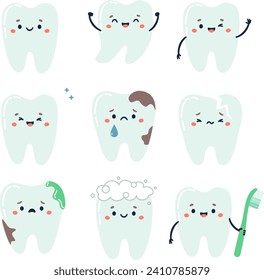 Conjunto dental vector. Dientes cortos con caras, dientes tristes y divertidos, sanos y dientes con caries 