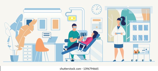 Vector Dentist Cabinet Interior Illustration Woman Patient on Chair Man Doctor Treat Teeth Using Tools Female Assistant Standing Holding Medical Card Orthodontic Service Consultation Medical Diagnosis