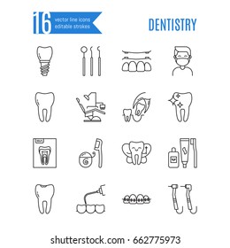 Vector dentistry and orthodontics icon set in trendy linear style. Elements for dental clinic, with editable strokes