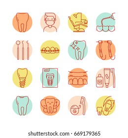 Vector dentistry and orthodontics icon set in trendy linear style. Elements for dental clinic, with editable strokes