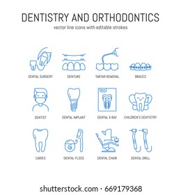 Vector dentistry and orthodontics icon set in trendy linear style. Elements for dental clinic, with editable strokes