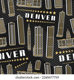 Vector Denver Seamless Pattern, square repeat background with illustration of famous denver city scape on dark background for wrapping paper, decorative line art urban poster with white text denver
