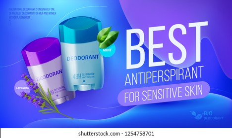 Vector deodorant antiperspirant banner design. Lavender and mint fragrance deodorant of top view. Advertising poster cosmetic product template. Vector illustration