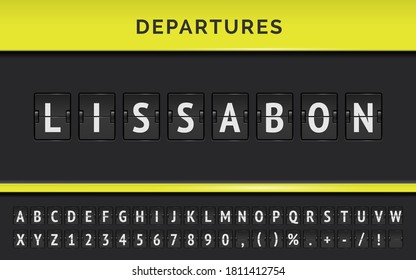 Vector Departure flip board with destination in Lissabon of Europe. Airport terminal panel with flight font