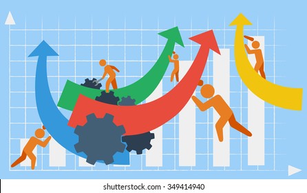 Vector depicting business or industrial growth in the context of team work in the background of a bar chart