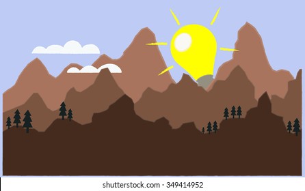 Vector depicting the discovery of a new idea or solution as a majestic sun rise amongst high rise mountains; the bulb as the sun is indicative of the new idea or discovery