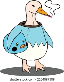 un vector que representa a un pato con un traje de pingüino azul y fumando