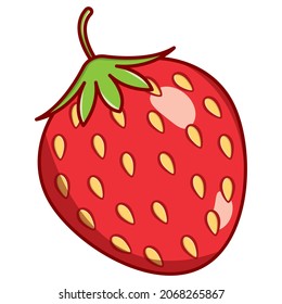 A vector depicting a red strawberry with green leafs