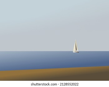  vector depicting a sailboat on the open water, with a beach in the foreground and a blue sky in the background. With the colors blue, white, gray, brown.