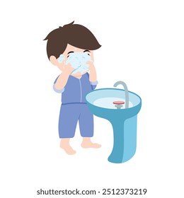 Vector Representación de los niños lavándose las caras y refrescándose por la mañana.