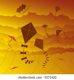 Vector depiction of kites flying against a sunset sky (kites are removable)