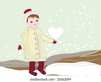 Vector depiction of a little child playing in the snow among hearts and snow flakes.